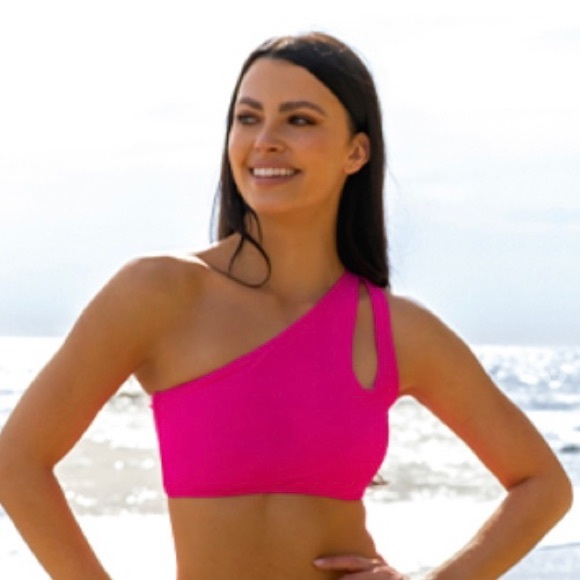 NWOT One Shoulder Bikini Top with Cutout (Neon Rose-Hot Pink) - Picture 2 of 12